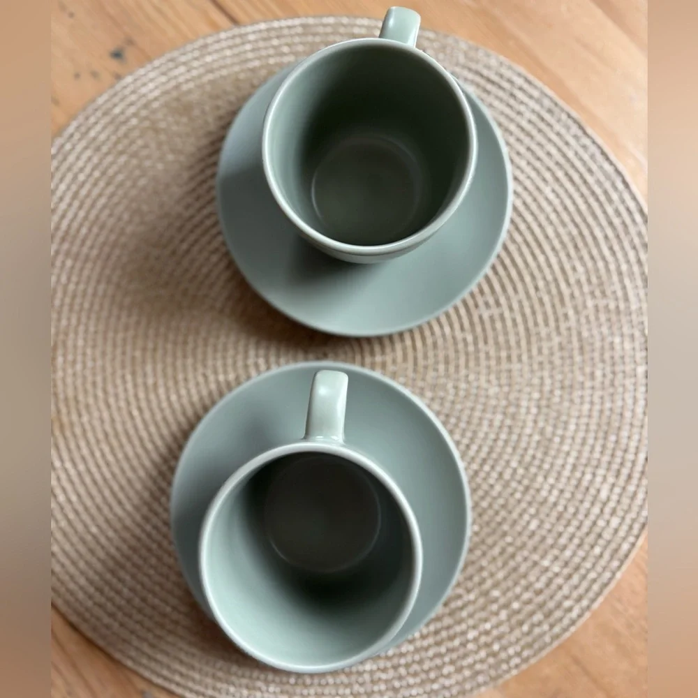 IKEA FÄRGKLAR series of dinnerware cups with saucers Matte Green Set of Two